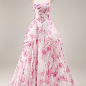 Strapless Basque Waist White Fuchsia Floral A Line Prom Dress