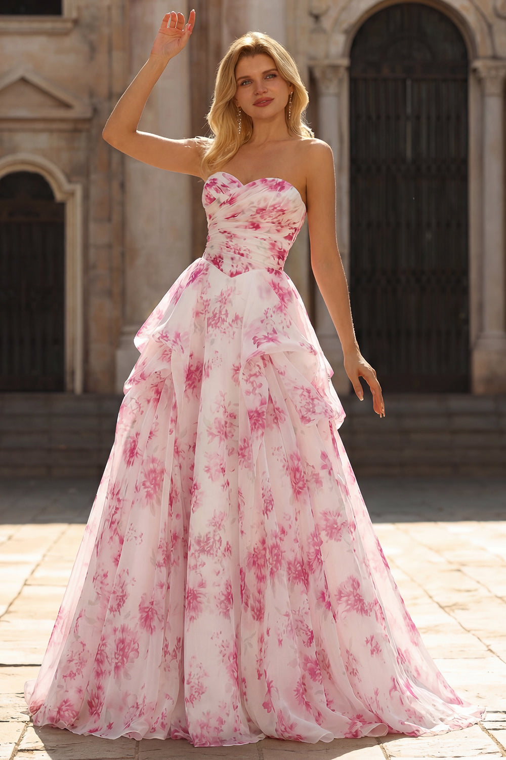 Strapless Basque Waist A Line White Fuchsia Floral Prom Dress - Image 3