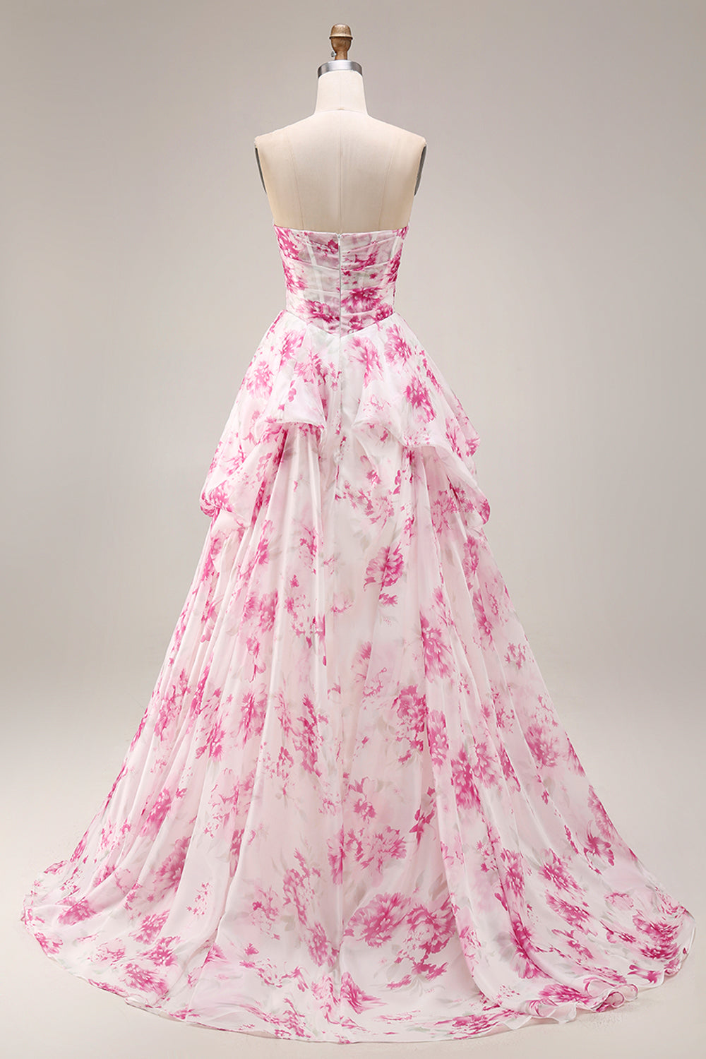Strapless Basque Waist A Line White Fuchsia Floral Prom Dress - Image 5