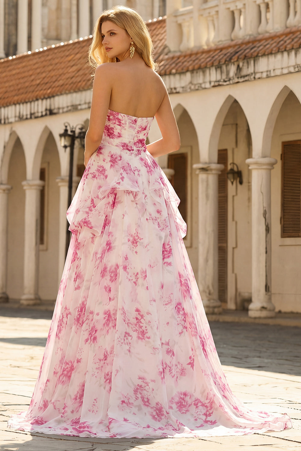 Strapless Basque Waist A Line White Fuchsia Floral Prom Dress - Image 2
