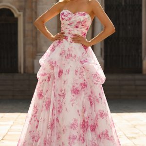 Strapless Basque Waist A Line White Fuchsia Floral Prom Dress