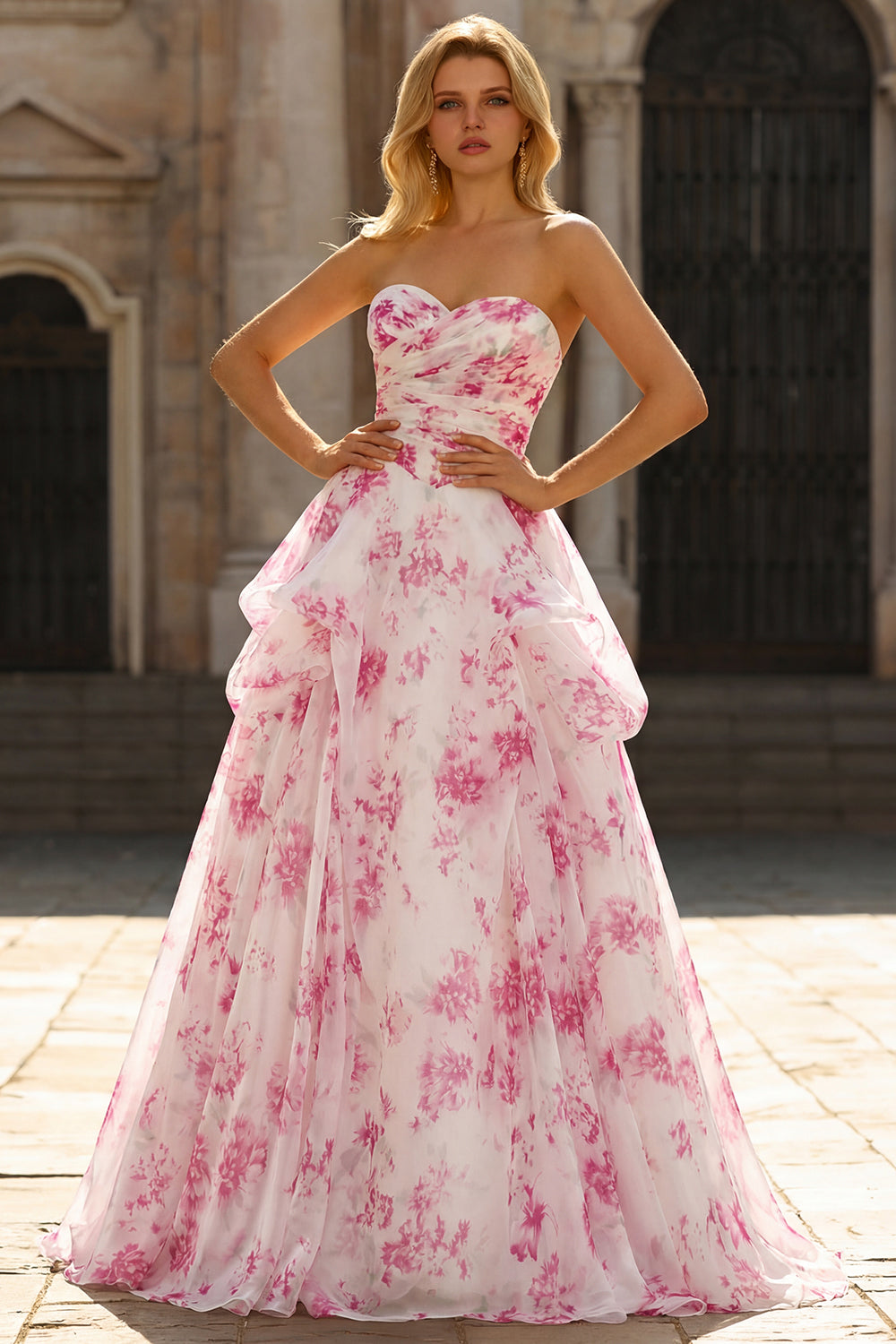 Strapless Basque Waist A Line White Fuchsia Floral Prom Dress