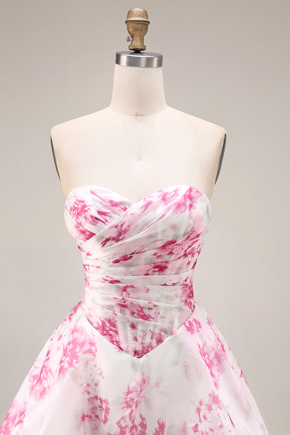 Strapless Basque Waist White Fuchsia Floral A Line Prom Dress - Image 6