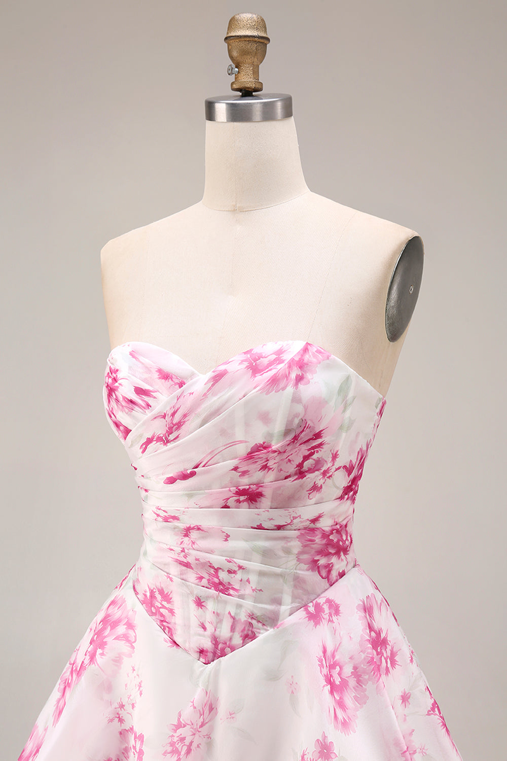Strapless Basque Waist White Fuchsia Floral A Line Prom Dress - Image 8