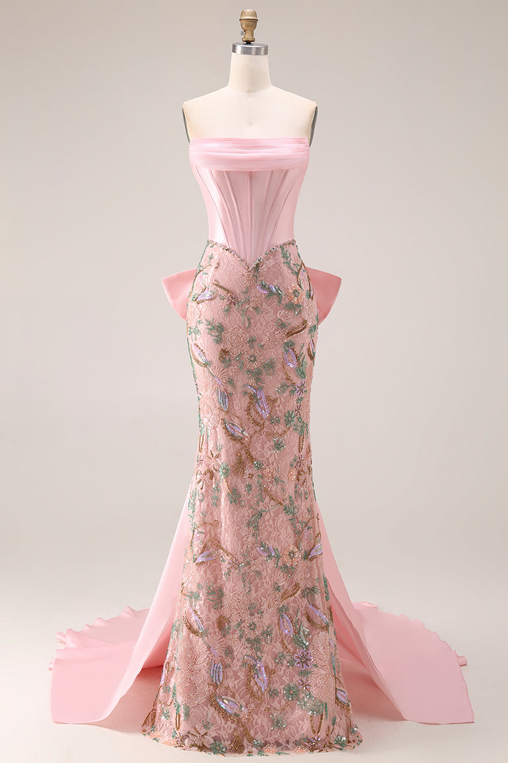 Strapless Basque Waist Floral Pink Bowed Prom Dress - Image 4