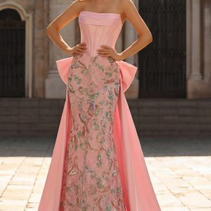 Strapless Basque Waist Floral Pink Bowed Prom Dress