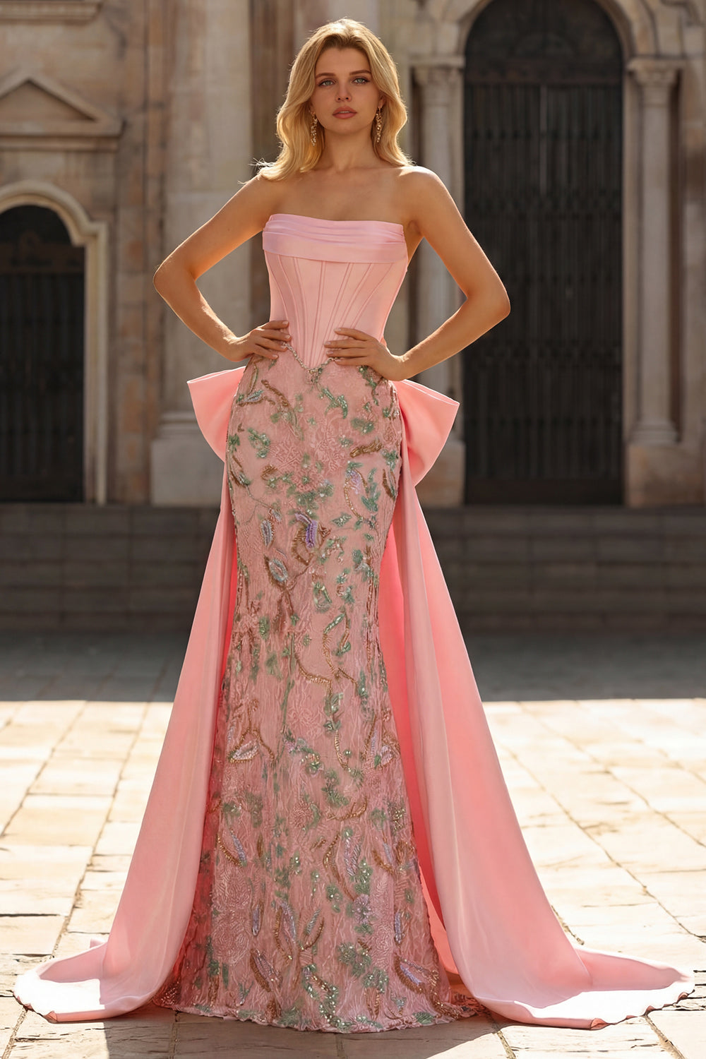 Strapless Basque Waist Floral Pink Bowed Prom Dress