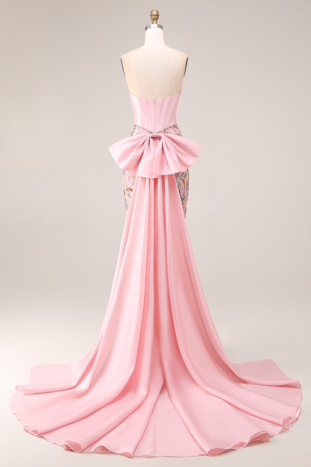 Strapless Basque Waist Floral Pink Bowed Prom Dress - Image 5