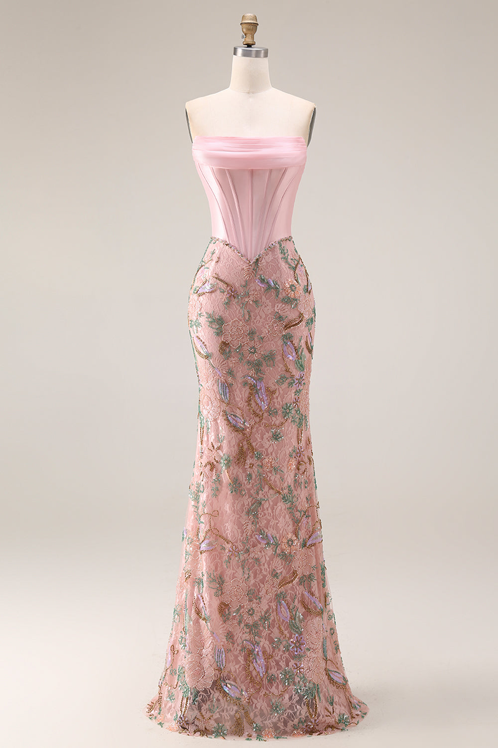 Strapless Basque Waist Floral Pink Bowed Prom Dress - Image 6