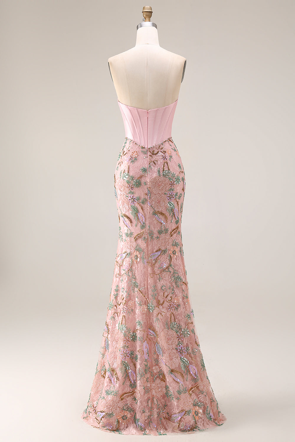Strapless Basque Waist Floral Pink Bowed Prom Dress - Image 7