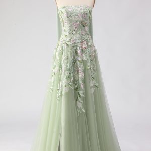 Strapless A-Line Dusty Sage Embroidered Prom Dress With Streamer