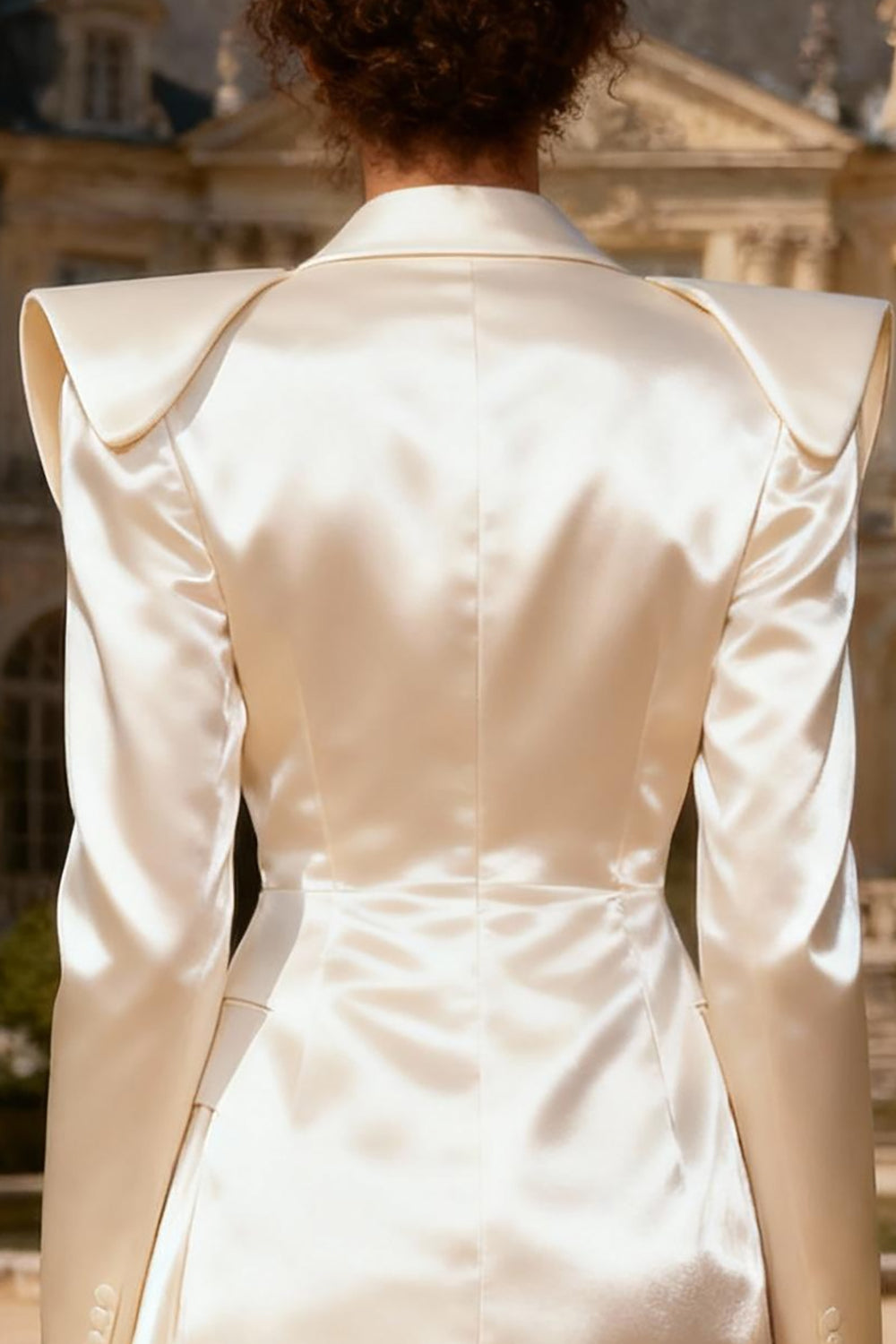 White Bodycon Peak Lapel Long Sleeve Satin Blazer Dress - Image 3