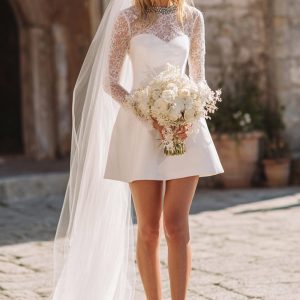 White Lace A-Line Courthouse Wedding Dress With Long Sleeves