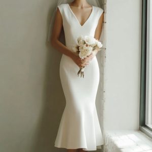 White Mermaid Satin V-Neck Midi Rehearsal Dinner Dress