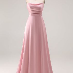 Strapless A Line Ruched Satin Dusty Rose Bridesmaid Dress