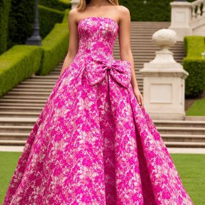 Strapless A-Line Fuchsia Floral Prom Dress With Bow