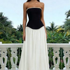 Strapless A-Line Black and White Maxi Formal Dress With Pearls