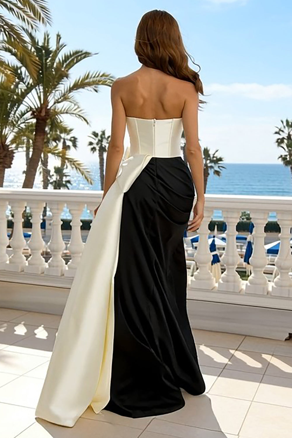Strapless Black and White Mermaid Bowed Maxi Formal Dress With Slit - Image 2