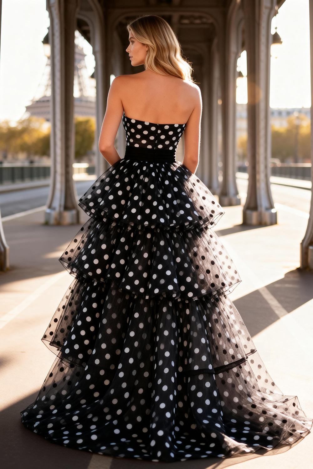 Strapless Polka Dot Tiered A-Line Long Prom Dress - Image 2