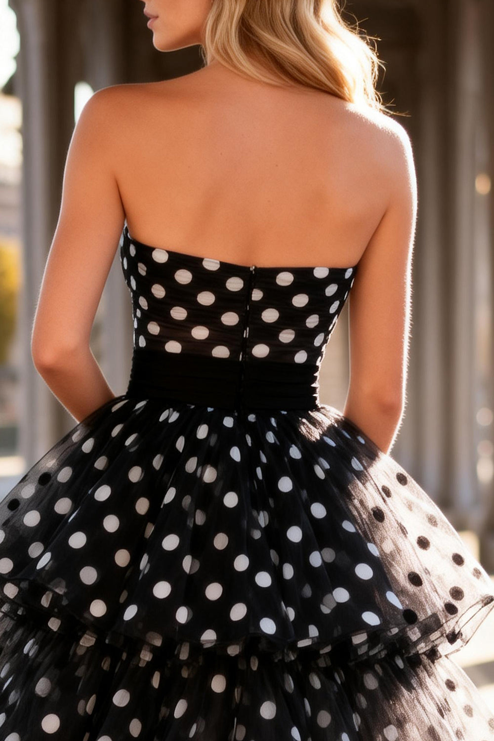 Strapless Polka Dot Tiered A-Line Long Prom Dress - Image 4