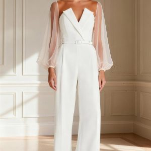White Long Sleeve Mother of the Bride Jumpsuit with Belt
