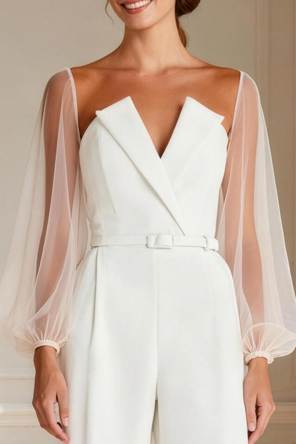 White Long Sleeve Mother of the Bride Jumpsuit with Belt - Image 3