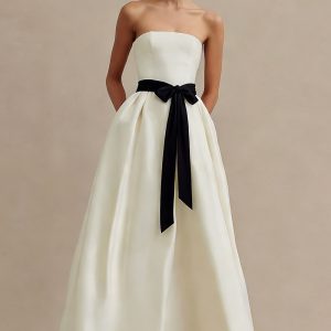 Strapless A Line Satin Maxi White Dress with Bow