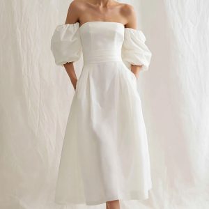 Strapless A Line Midi White Dress with Puff Sleeves