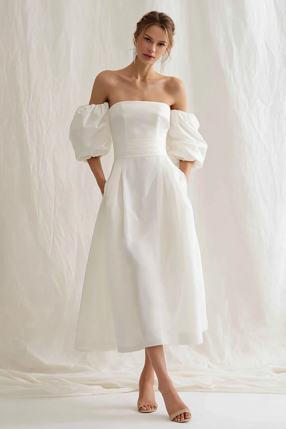 Strapless A Line Midi White Dress with Puff Sleeves