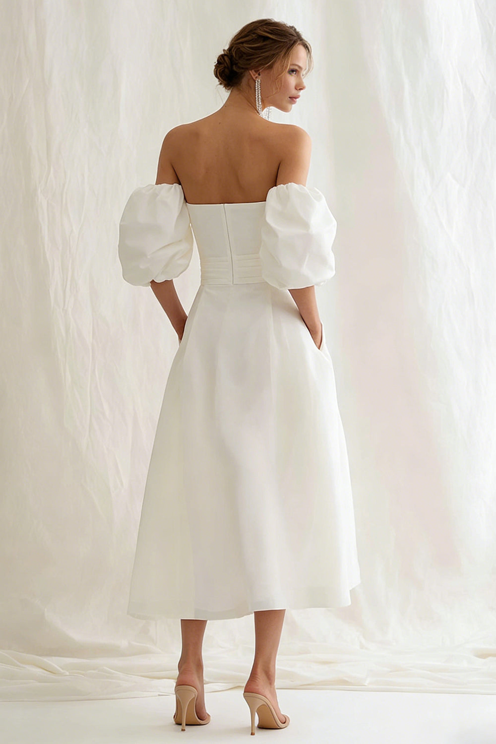 Strapless A Line Midi White Dress with Puff Sleeves - Image 2