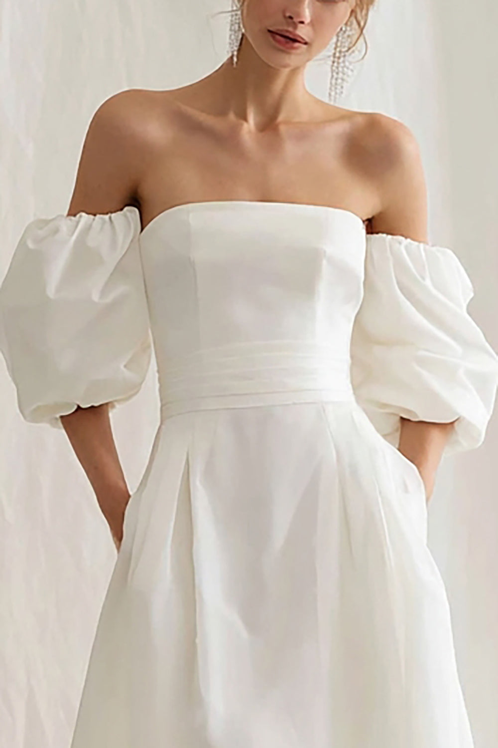 Strapless A Line Midi White Dress with Puff Sleeves - Image 3