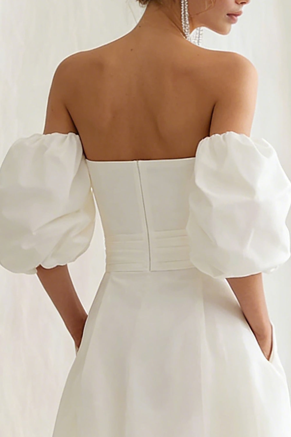 Strapless A Line Midi White Dress with Puff Sleeves - Image 4