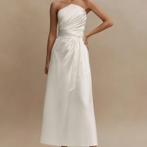 Strapless A Line Ruched Satin Midi White Dress