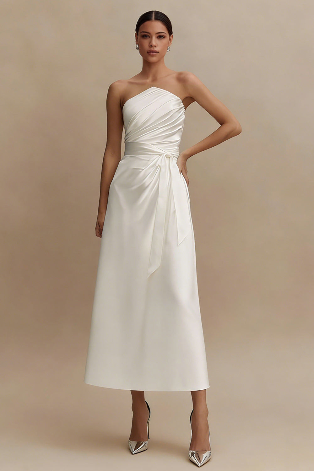 Strapless A Line Ruched Satin Midi White Dress