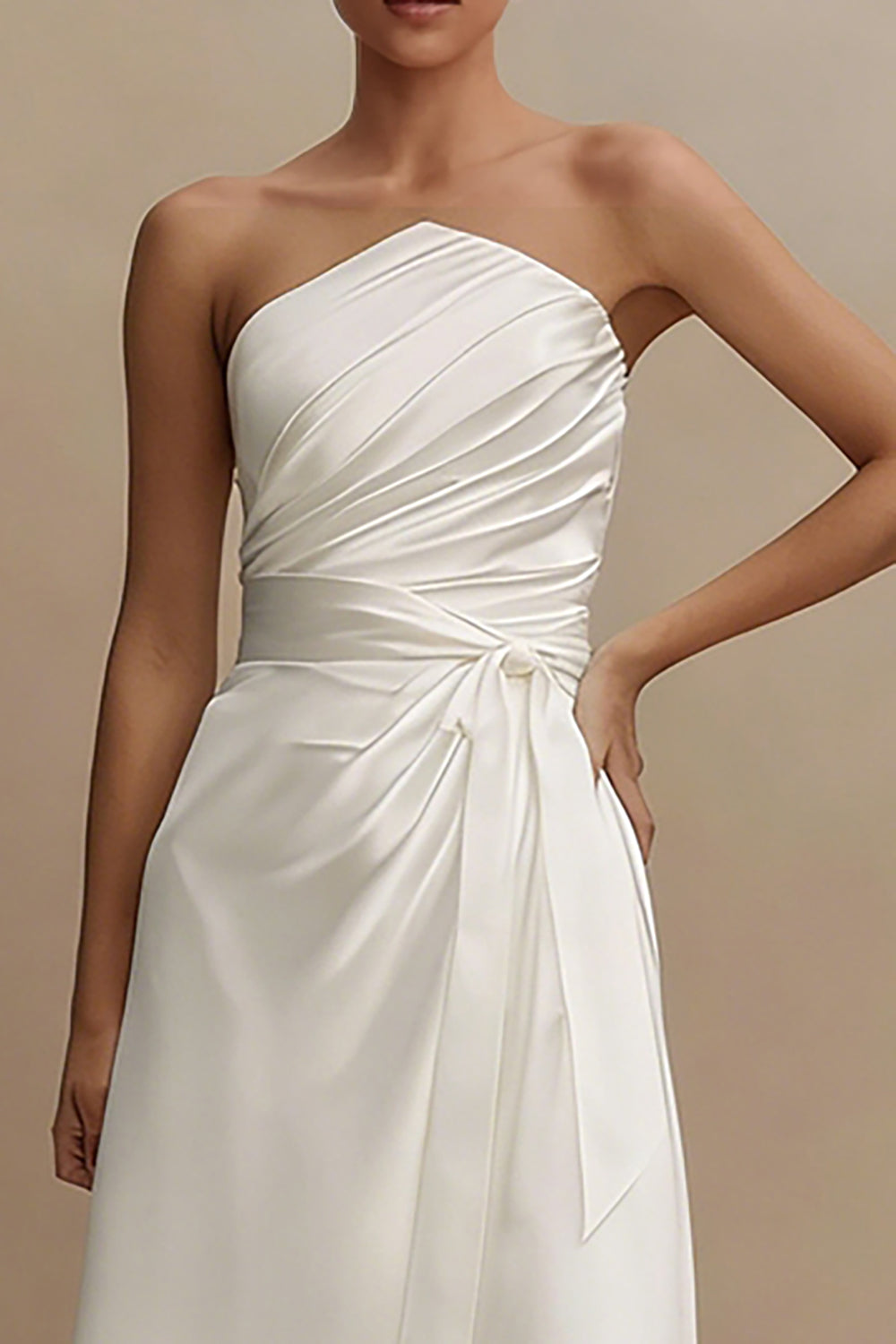 Strapless A Line Ruched Satin Midi White Dress - Image 2