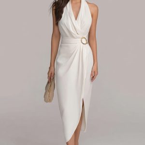 White Halter Midi Engagement Dress with Slit