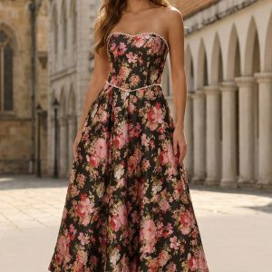 Strapless Black Pink Floral Midi Wedding Guest Dress with Pearls