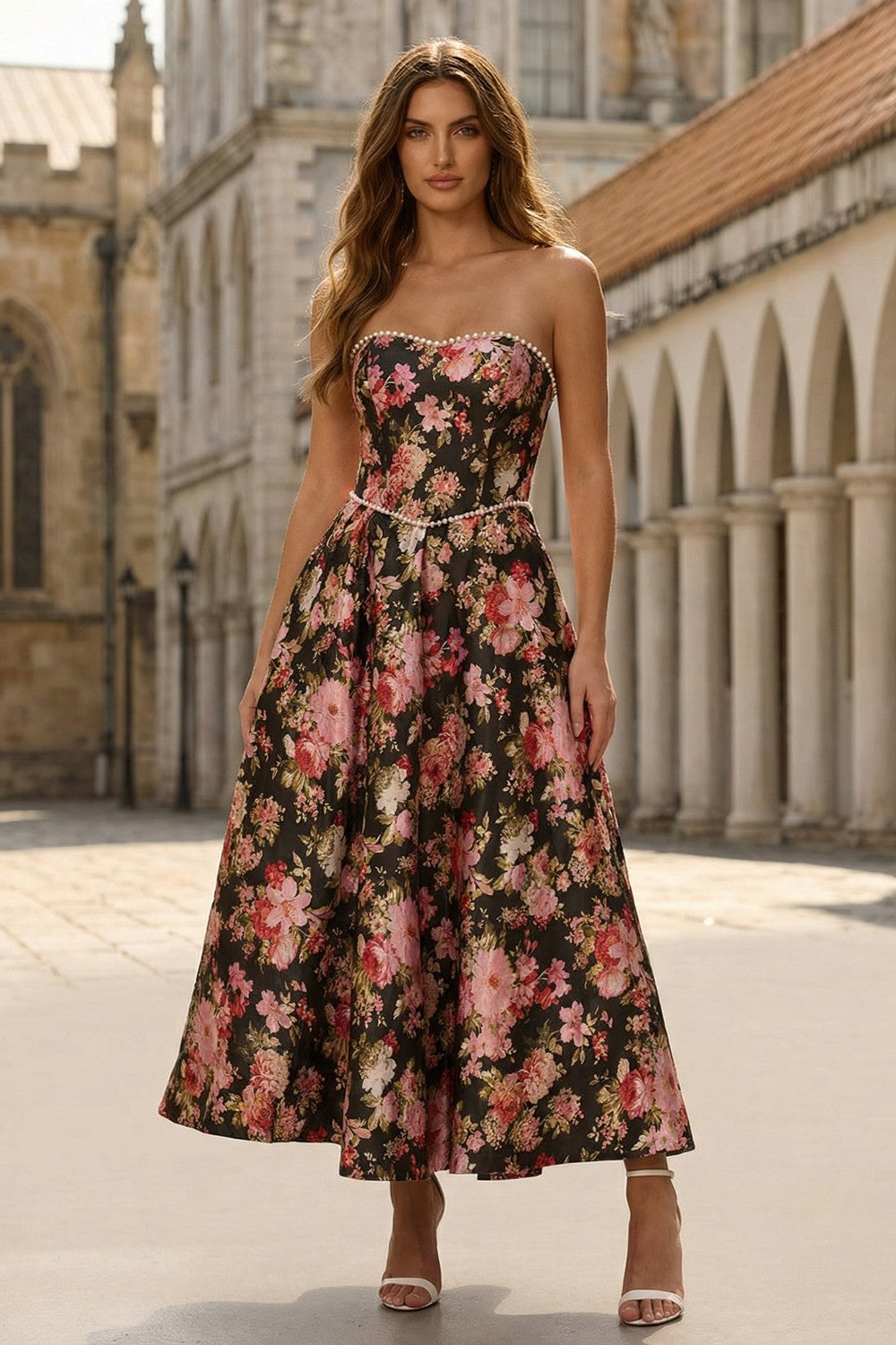 Strapless Black Pink Floral Midi Wedding Guest Dress with Pearls