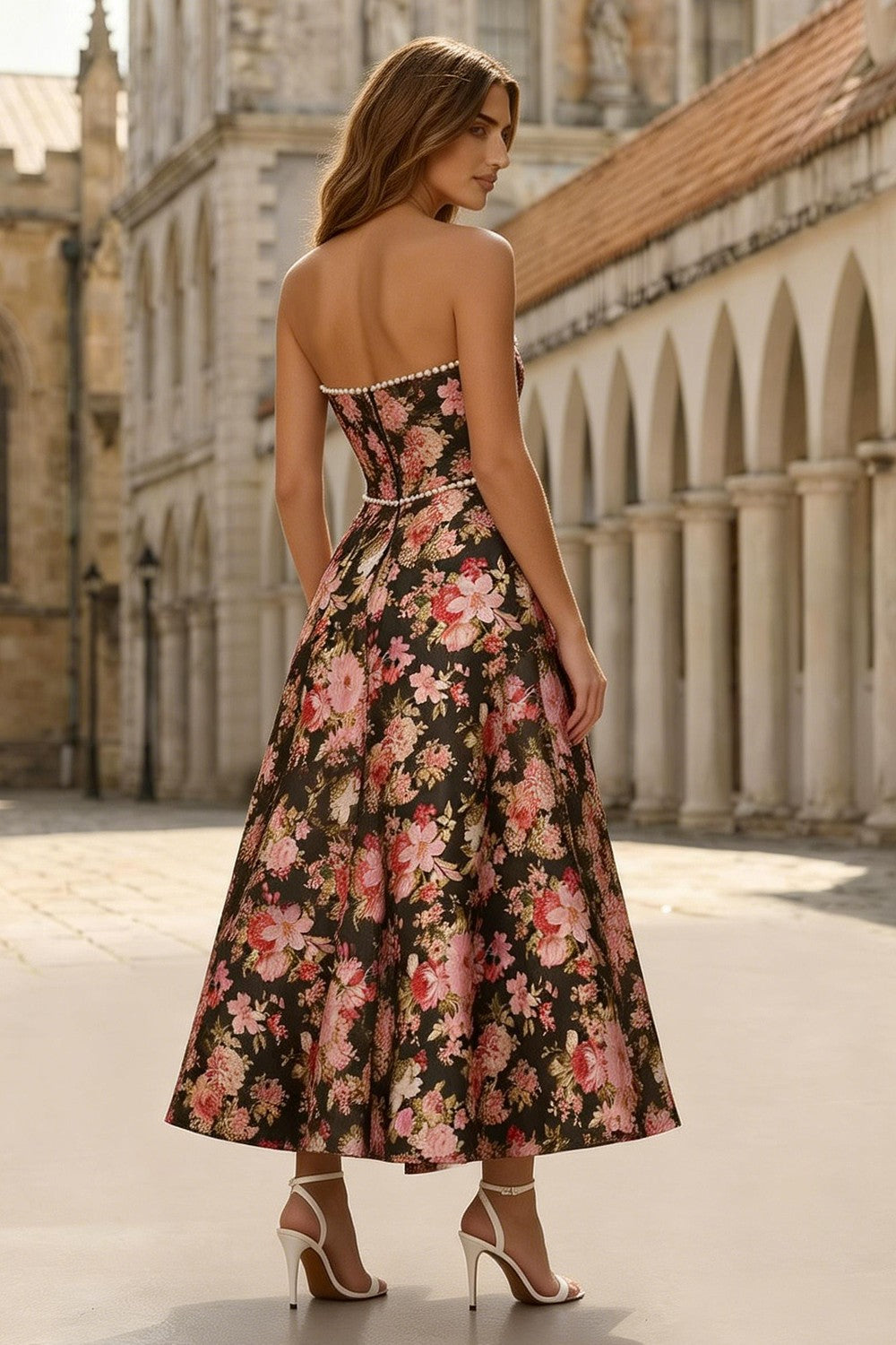 Strapless Black Pink Floral Midi Wedding Guest Dress with Pearls - Image 2
