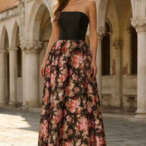 Strapless Black Pink Floral A Line Maxi Wedding Guest Dress