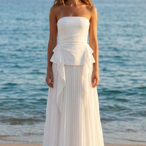 Strapless A Line Pleated Ruffled Maxi White Dress