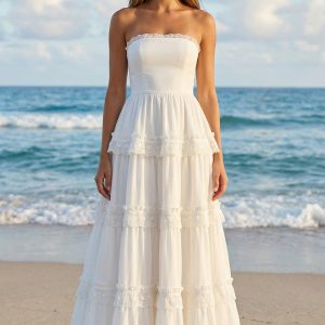 Strapless A Line Pleated Ruffled Lace Maxi White Dress