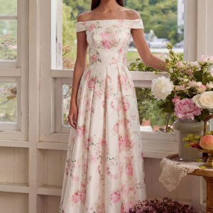 White Floral Off the Shoulder A Line Wedding Guest Dress