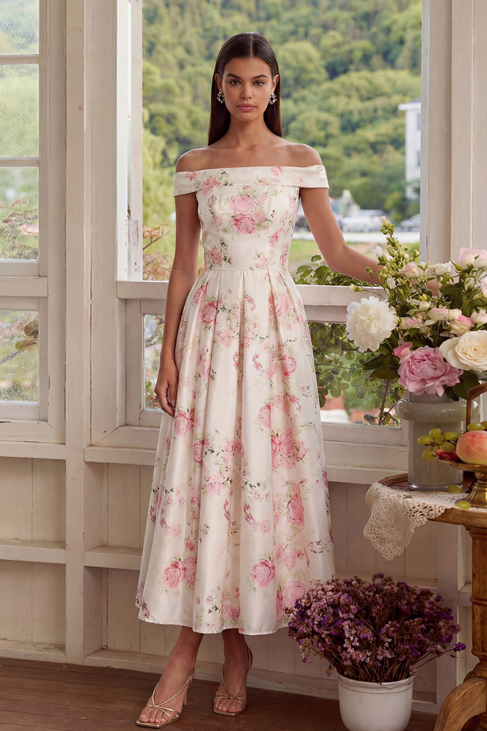 White Floral Off the Shoulder A Line Wedding Guest Dress