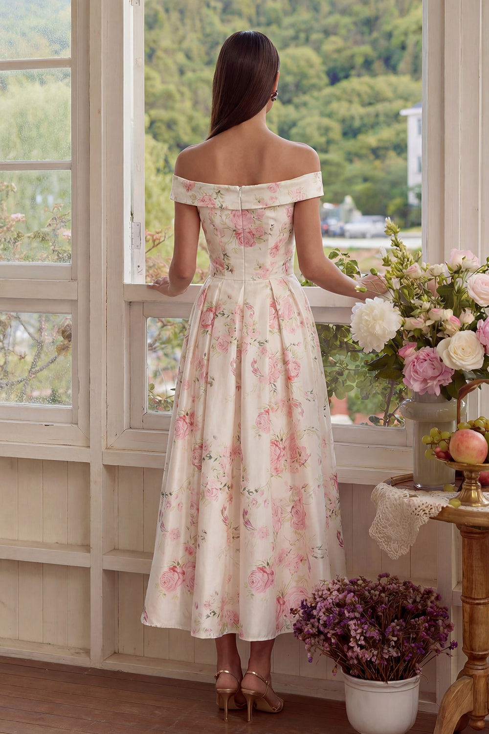 White Floral Off the Shoulder A Line Wedding Guest Dress - Image 2