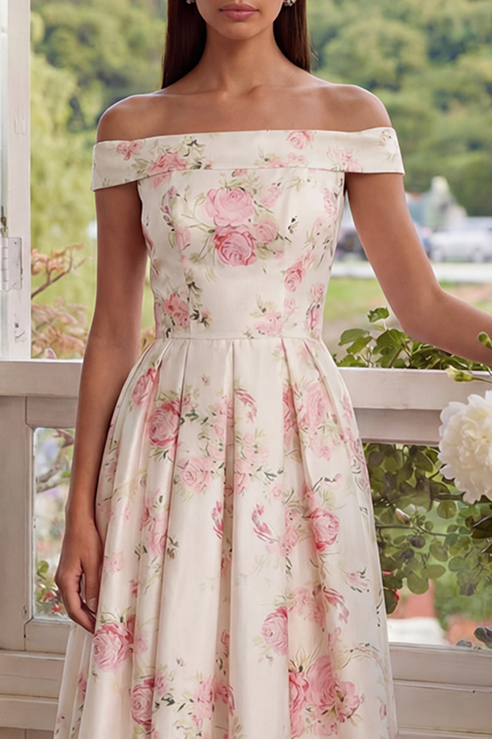 White Floral Off the Shoulder A Line Wedding Guest Dress - Image 3