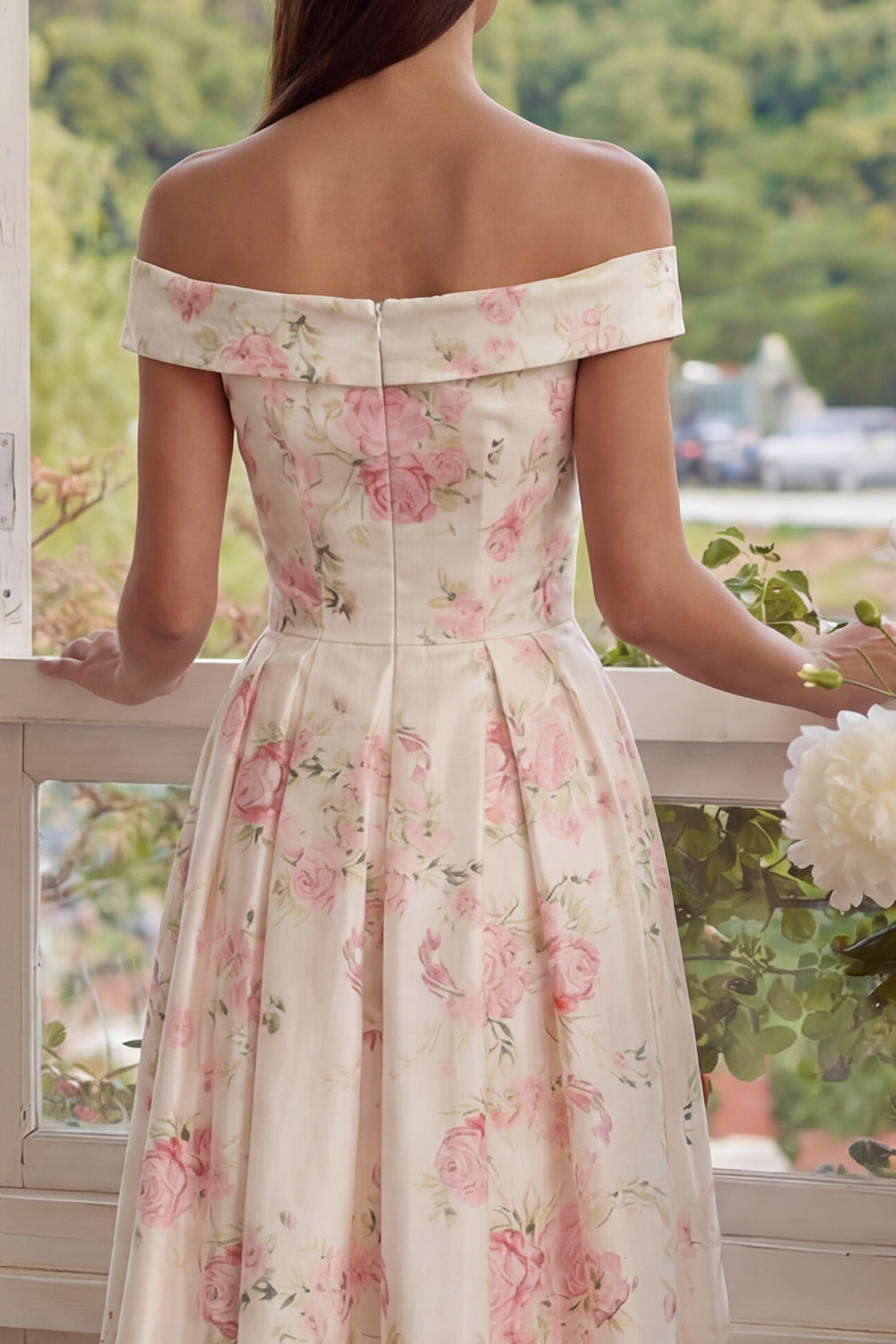 White Floral Off the Shoulder A Line Wedding Guest Dress - Image 4