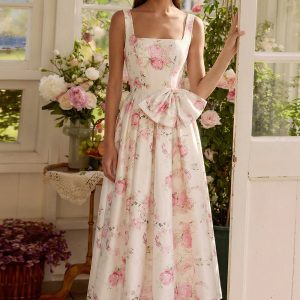 White Floral Square Neck A Line Bowed Wedding Guest Dress