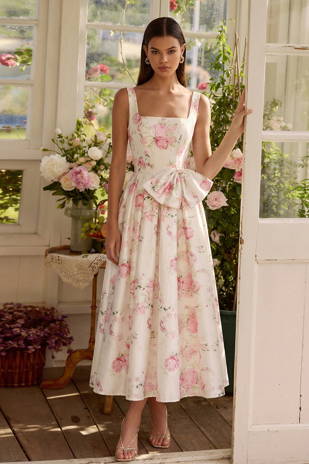White Floral Square Neck A Line Bowed Wedding Guest Dress
