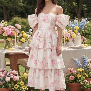 White Floral Off the Shoulder Tiered Wedding Guest Dress